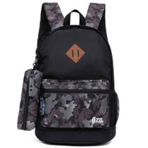 Mochila Ozil Juvenil Casual Escolar Preta Estampa Militar Masculina Espaçosa Estojo Estampado