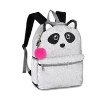 Mochila Paetê Panda Branca Prata 2032 Com Chaveiro