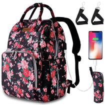 Mochila para fraldas QWREOIA Floral com porta USB e alças de carrinho