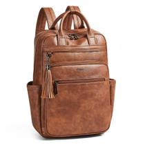 Mochila para laptop Shrie para mulheres de couro marrom de 15,6 polegadas