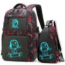 Mochila Pawsky Skateboard Anime Luminous com porta USB vermelha