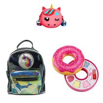 Mochila Preta Unicórnio, Bolsa e Maquiagem Donuts Infantil