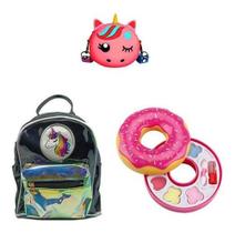 Mochila Preta Unicórnio, Bolsa E Maquiagem Donuts Infantil