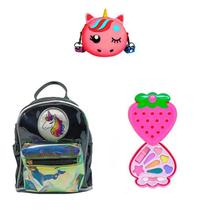Mochila Preta Unicórnio, Bolsa e Maquiagem Morango Infantil
