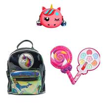 Mochila Preta Unicórnio, Bolsa e Maquiagem Pirulito Infantil