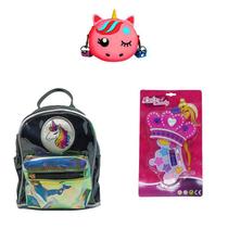 Mochila Preta Unicórnio, Bolsa e Maquiagem Princesa Infantil