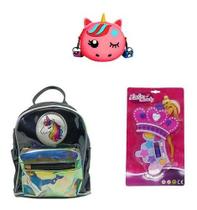 Mochila Preta Unicórnio, Bolsa E Maquiagem Princesa Infantil Mochila Preta Unicórnio, Bolsa E Maquiagem Princesa Infantil