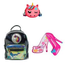 Mochila Preta Unicórnio, Bolsa e Maquiagem Sapato Infantil