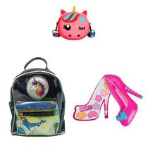 Mochila Preta Unicórnio, Bolsa e Maquiagem Sapato Infantil