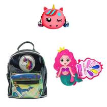 Mochila Preta Unicórnio, Bolsa e Maquiagem Sereia Infantil