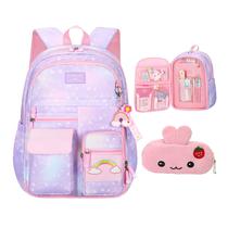 Mochila PRNGCAN Starry Rainbow Girl grande roxa de 17 polegadas