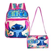 Mochila Reforçada Lillo Stitch Kit 2Pçs Bolsa Alça Transversal Espaçosa Lancheira Necessaire Mochilinha Juvenil Infantil