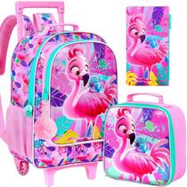 Mochila Rodante AGSDON 3 Peças para Meninas com Bolsa Térmica Flamingo