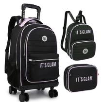 Mochila Rodinha 360º Lancheira Estojo Kika It's Glam Preto Mochila Rodinha 360º Lancheira Estojo Kika It's Glam Preto