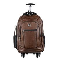 Mochila Rodinha Carrinho Couro Masculina Escolar Viagem USB Cadeado Antifurto Marrom