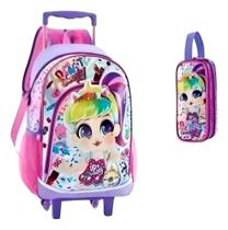 Mochila Rodinha Carrinho Donuts Menina Rosa Violeta Baby Unicórnio + Estojo Escolar