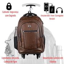 Mochila Rodinha Carrinho Executiva Moderna Couro Notebook com Entrada USB Marrom