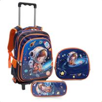 Mochila Rodinha Escolar Infantil Com Estojo E Lancheira Personagem Astronauta Azul Voltas as Aulas