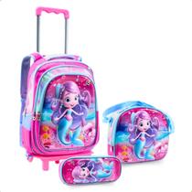 Mochila Rodinha Escolar Infantil Com Estojo E Lancheira Personagem Sereia Rosa Voltas as Aulas