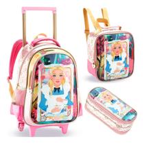 Mochila Rodinha Infantil Alice Baralho Lancheira Estojo Cor Rosa