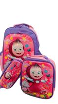 Mochila Rodinha + Lancheira + Estojo Masha E Urso Pink e Lilas Luxcel