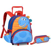 Mochila rodinhas com estojo infantil dinossauros escolar