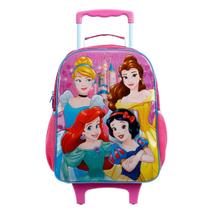 Mochila Rodinhas das Princesas Rosa com detalhes em Glitter com compartimento principal bolso latera