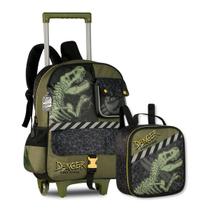 Mochila Rodinhas Dinossauro T-Rex com Lancheira Térmica Escolar