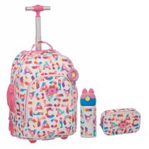Mochila Rodinhas Lilica Flowers Estojo Box Garrafa Inox