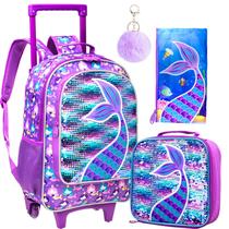 Mochila rolante AGSDON para meninas com lancheira Mermaid 3 unidades