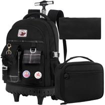 Mochila rolante gxtvo, 3 peças para mulheres e meninas com lancheira preta