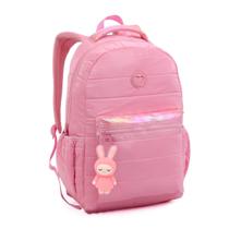 Mochila Rosa Grande 18 Material Escolar Fofa Chaveiro Coelhinho 2 Divisórias Organizadora Menina TOP
