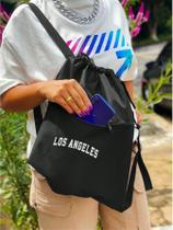 Mochila Saco Nylon LOS ANGELES Academia Esportiva Gym Bag Fitness Unissex Cordão Preto Sack Outline Nylon Resistente Sacochila