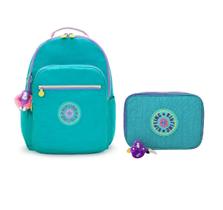 Mochila Seoul + Estojo 100 Pens Kipling Rainbow Verde Água