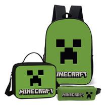 Mochila Simples Com Estojo e Lancheira Termica Kit Escolar Completo Infantil Game Craft Jogo Blocos
