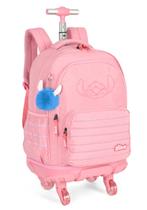 Mochila stitch com carrinho 360 graus rosa reforçada