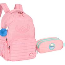 Mochila Stitch + Estojo Duplo Crinkle Bolso Laptop Chaveiro Pompom Escolar Universitária Juvenil