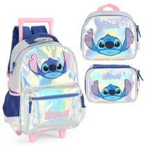 Mochila Stitch Rodinha Holográfica C/ Estojo Box Lancheira