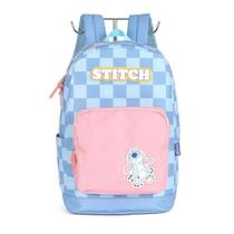 Mochila Stitch Xadrez Azul Bolso Rosa - Luxcel