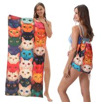 Mochila Toalha de Praia 2 em 1 Estampa Gatos Coloridos - Mochila Toalha de Praia 2 em 1 Estampa Gatos Coloridos -