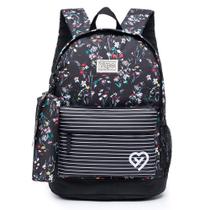 Mochila Yupe Juvenil Casual Escolar Preta Estampada com Flores Feminina Espaçosa Estojo Estampado com Flores 19L