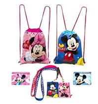 Mochilas Disney Mickey e Minnie Mouse com cordão e cordões com porta-moedas destacável e livros de autógrafos (conjunto de 6) (rosa azul)