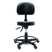 Mocho ergonômico Postural. Aro-apoio Preto. Giratório Baixo. Assento Redondo. Ajuste Lombar. Estrutura preta. Rodízios. Revestimento sintético.