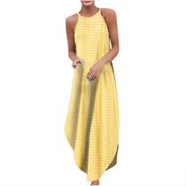 Moda casual feminina com decote em O sem mangas verão xadrez impressão vestido sexy