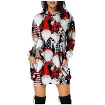 Moda casual feminina com estampa de Natal com bolsos com capuz vestido de moletom curto Moda casual feminina com estampa de Natal com bolsos com capuz vestido de moletom curto