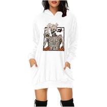 Moda casual feminina Halloween estampado com bolsos com capuz vestido de moletom curto