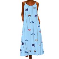 Moda de verão feminina com decote em O sem mangas solto estampado casual sling vestido longo Moda de verão feminina com decote em O sem mangas solto estampado casual sling vestido longo