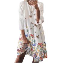 Moda feminina casual borboleta estampado em volta do pescoço manga comprida vestido longo