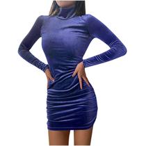 Moda Feminina Casual Manga Longa Sólida Senhoras Retro Veludo Dourado Meia Gola Alta Vestido Slim