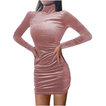 Moda Feminina Casual Manga Longa Sólida Senhoras Retro Veludo Dourado Meia Gola Alta Vestido Slim